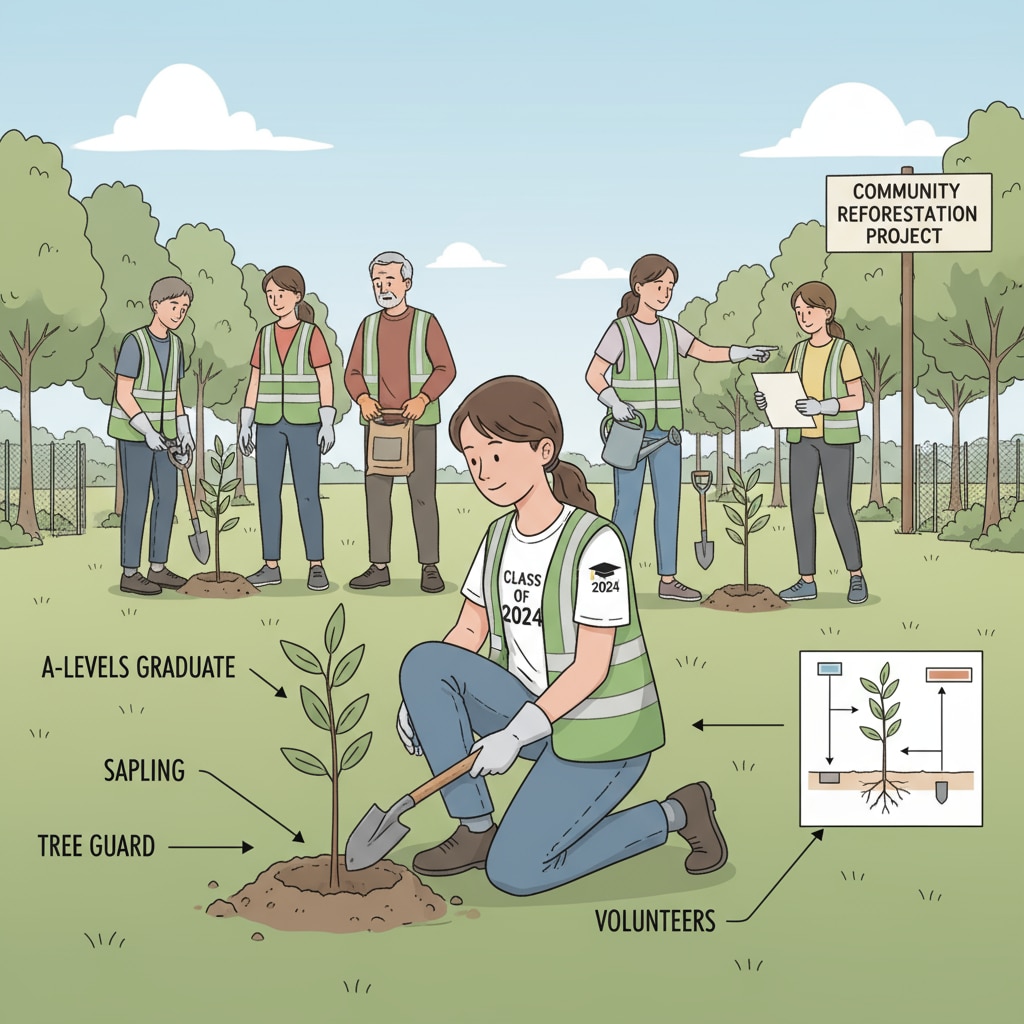 An A-Levels graduate is actively involved in a community project, helping to plant trees in a local park. A-Levels graduate volunteering at a community project