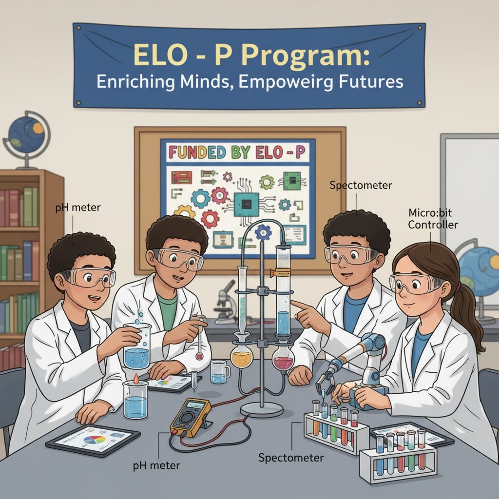 A group of students is conducting a science club experiment, with equipment and materials provided through the ELO-P program funds, demonstrating how the program enriches students' learning experiences. Students in a science club activity funded by ELO-P