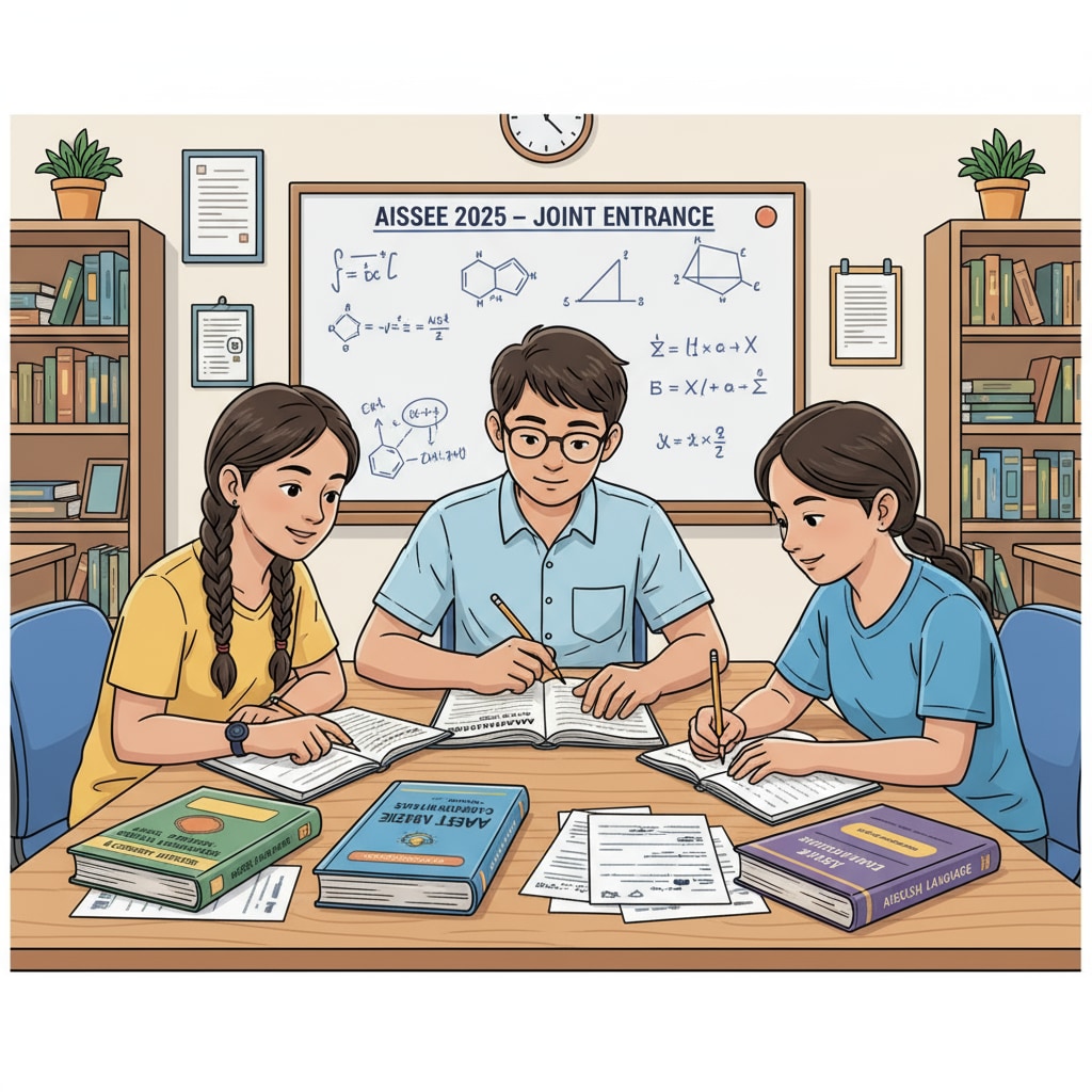 Students are shown studying together in a classroom setting, with books and papers related to AISSEE exam preparation visible on their desks. Students preparing for AISSEE 2026 Sainik School admissions exam