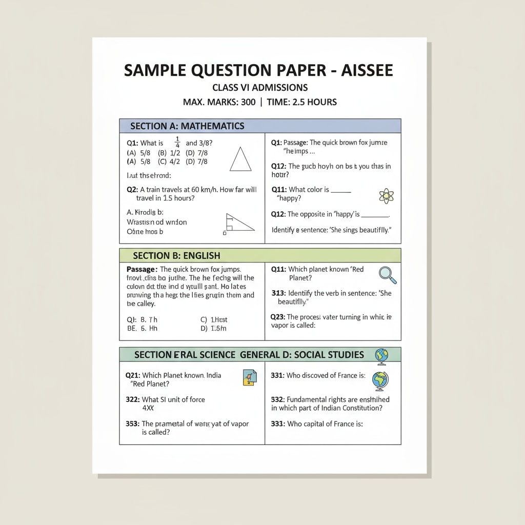 A sample question paper of AISSEE is displayed, showing various types of questions related to different subjects. Sample AISSEE 2026 question paper for Sainik School admissions exam