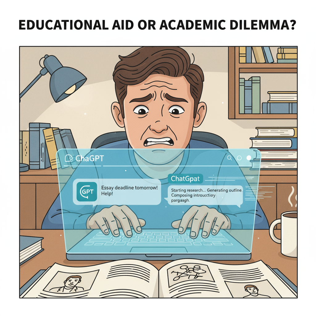A close-up of a student's face, showing a worried expression while typing on a keyboard with a ChatGPT window open A worried student using ChatGPT, feeling guilty about academic integrity