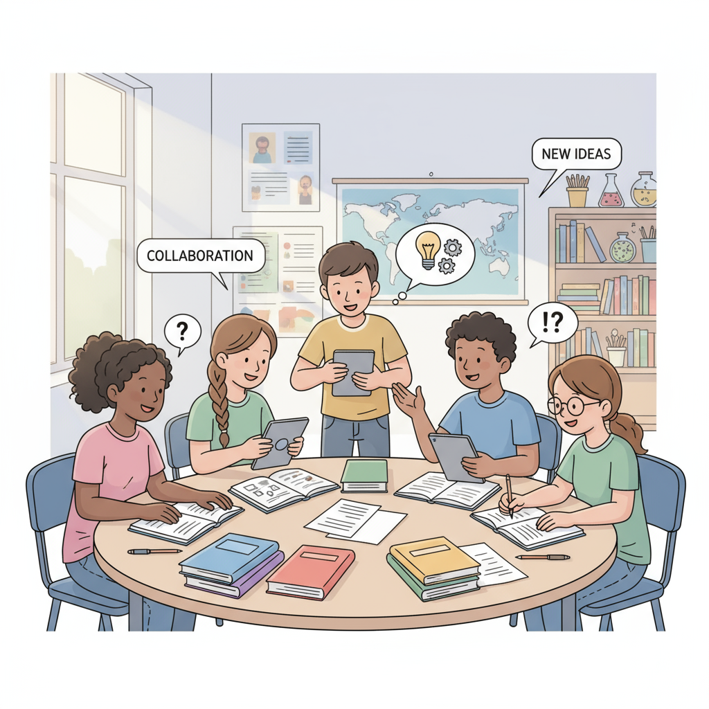 A group of K12 students are studying together in a classroom, discussing and sharing ideas. K12 students studying together to achieve 90% scores