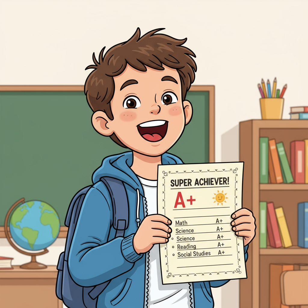 A student is celebrating their high scores with a big smile, holding a report card. Student celebrating achieving 90% scores