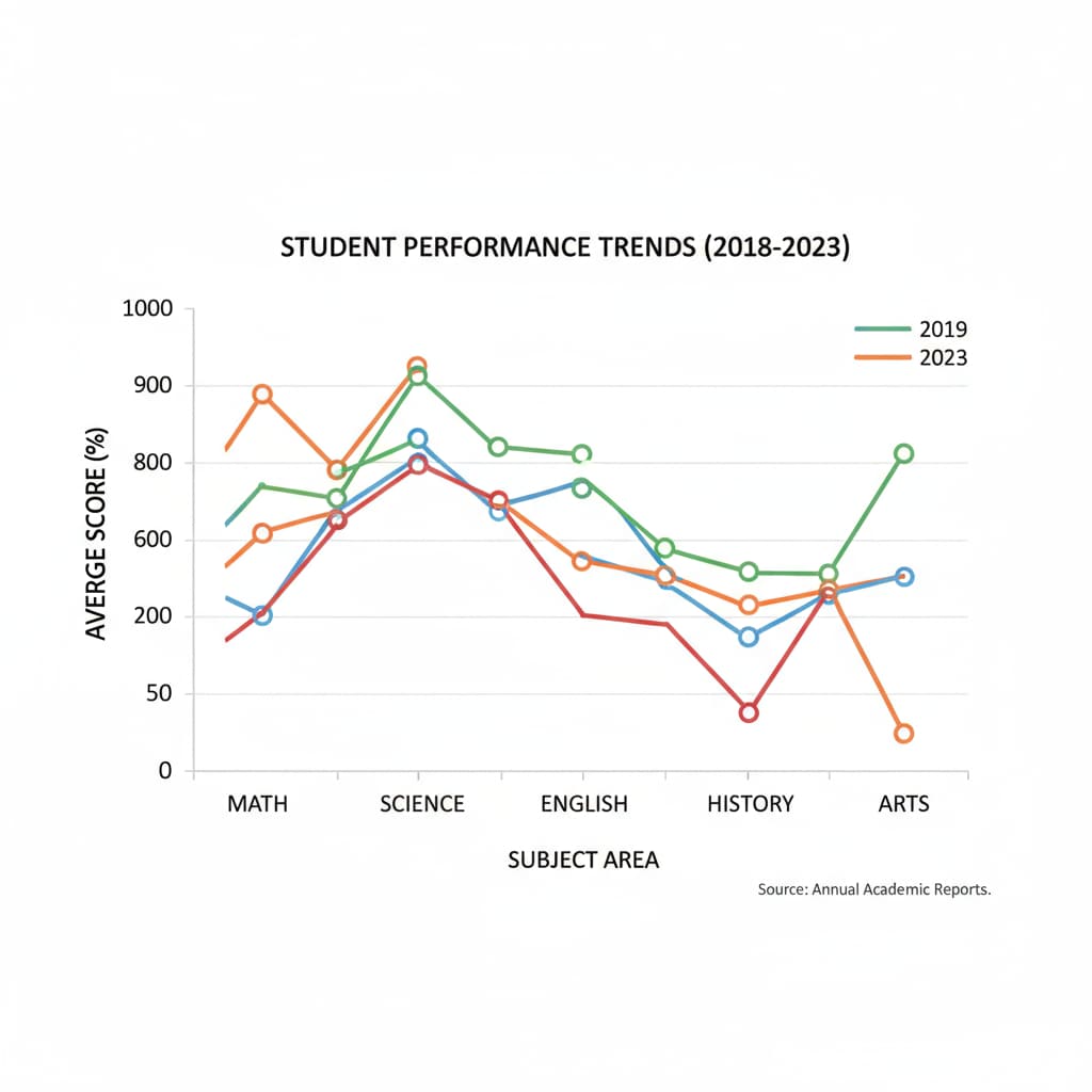 A graph presenting the trends in student performance over a period of several years, with different subjects on the x-axis and scores on the y-axis. Graph showing trends in student performance related to PISA, school statistics, and education data