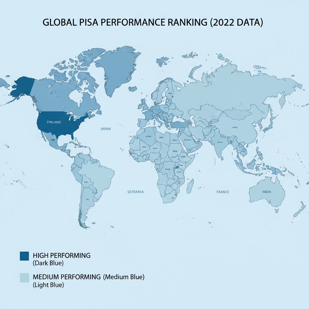 A world map highlighting the PISA performance of different countries, with colors indicating high, medium, and low performing regions. Map showing PISA performance of countries relevant to PISA, school statistics, and education data