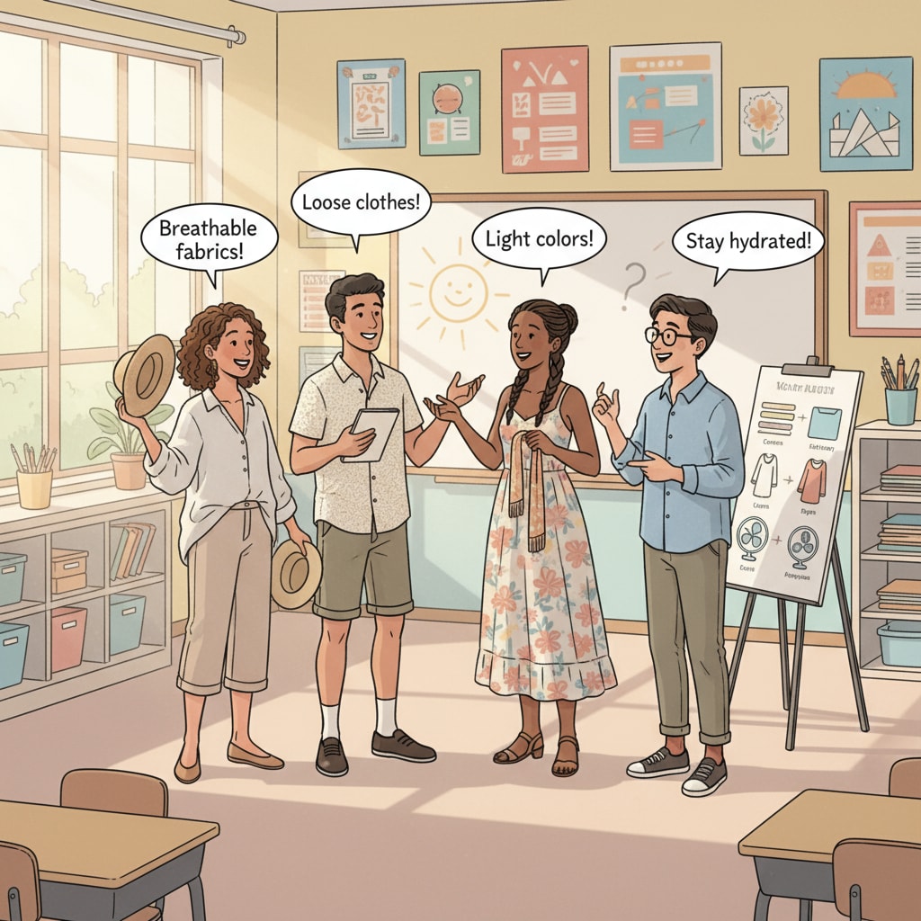 A group of teachers is standing in a classroom. The room looks warm, and they are having a conversation about what to wear to stay comfortable during the hot weather. Teachers discussing appropriate clothing in a hot classroom without air conditioning