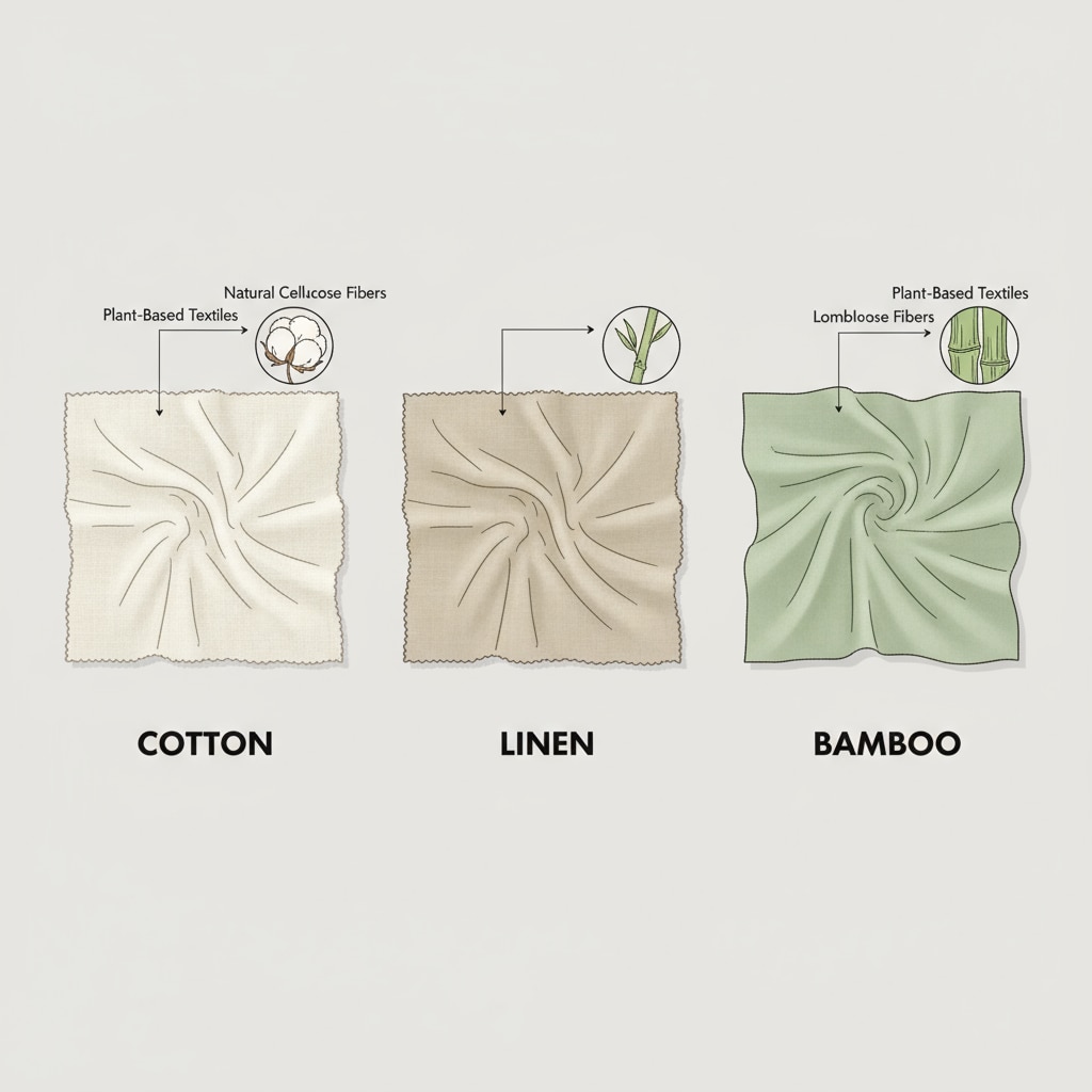 A display of different types of fabrics - cotton, linen, and bamboo are laid out, showing their textures and colors. Display of breathable fabrics suitable for hot classrooms without air conditioning
