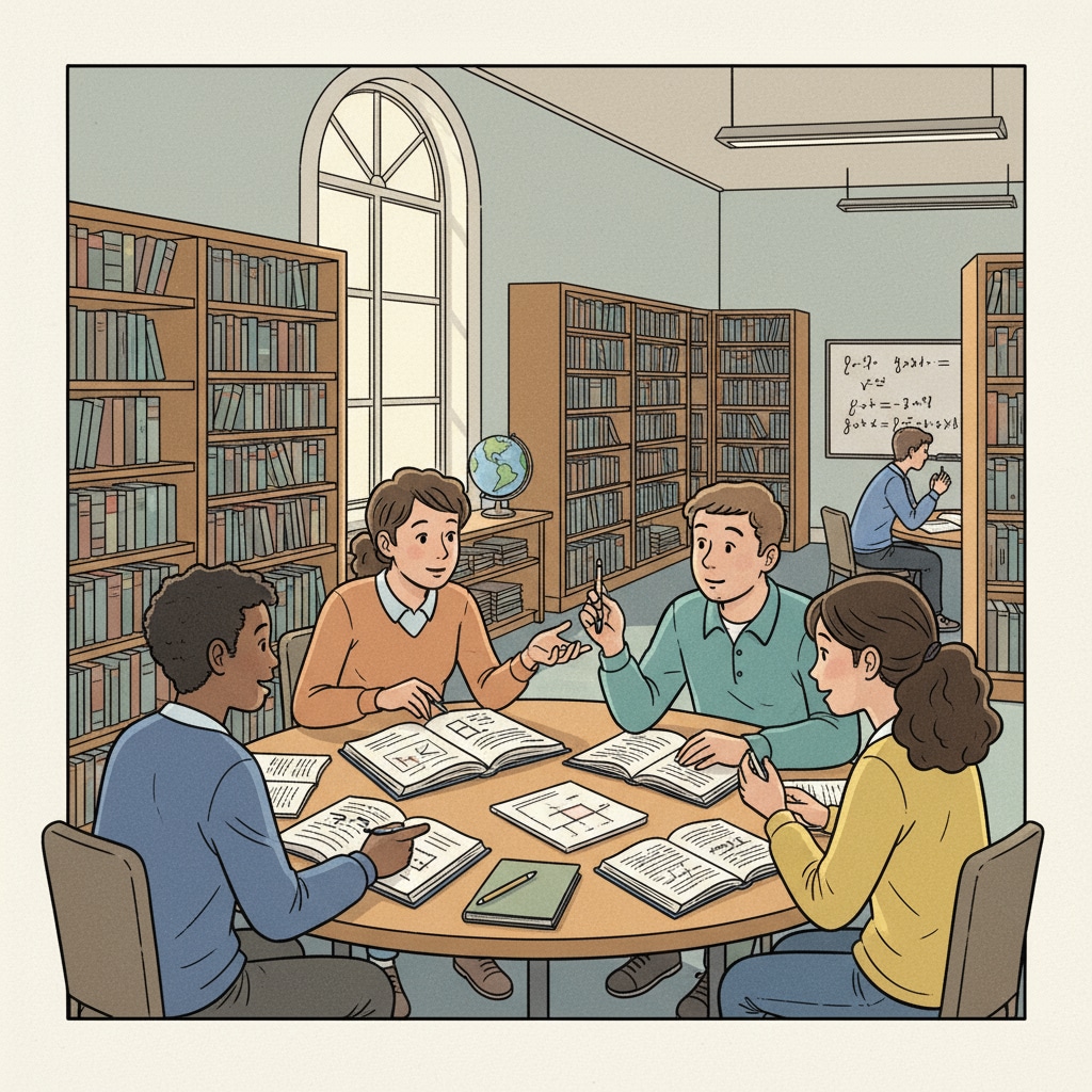 A group of students are sitting around a table, studying together. They have books and notebooks in front of them, engaged in discussion. Students using effective learning methods to achieve 90% scores
