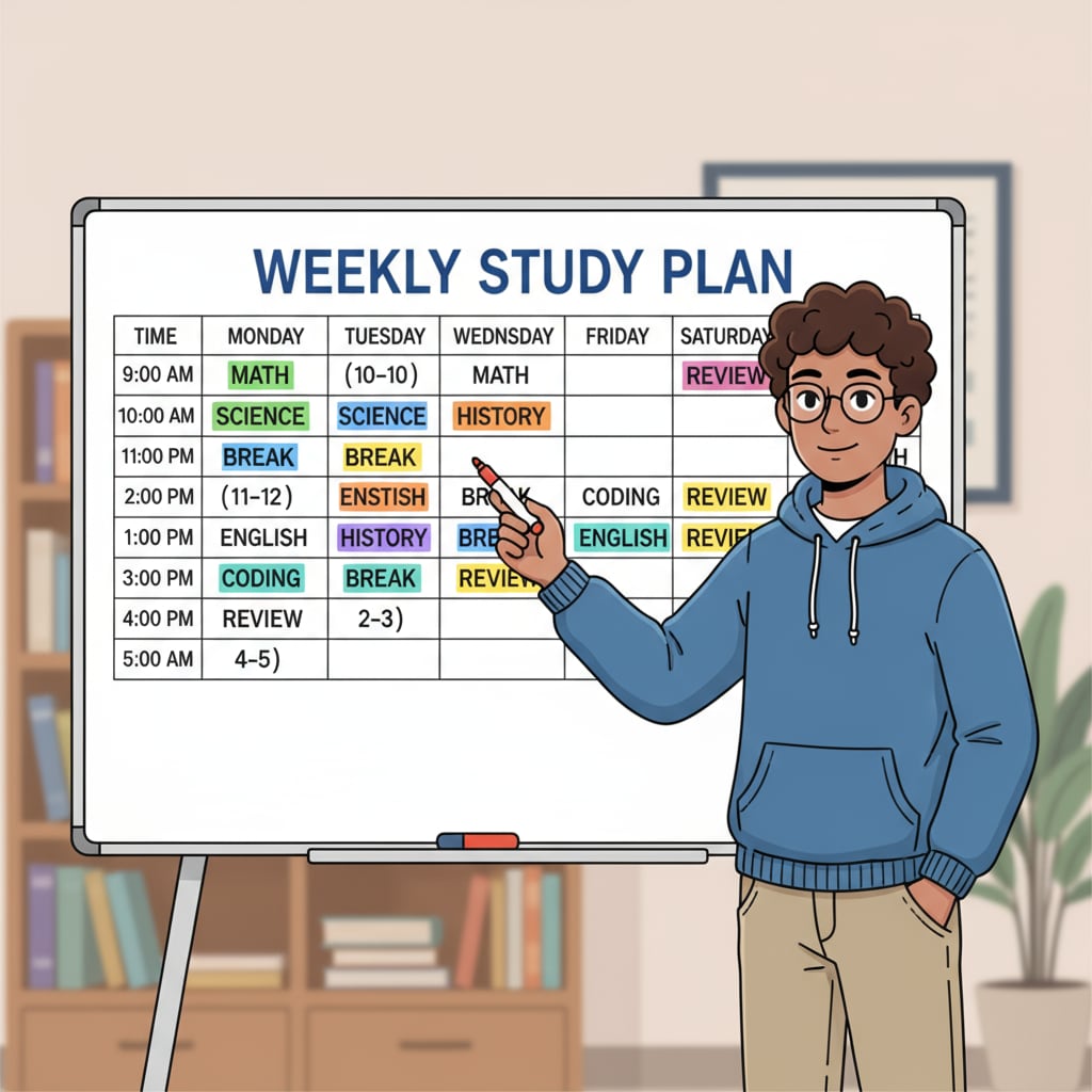 A student is standing in front of a whiteboard with a study schedule written on it. The schedule has time slots for different subjects and breaks. Student using time management as a learning method to ensure 90% scores