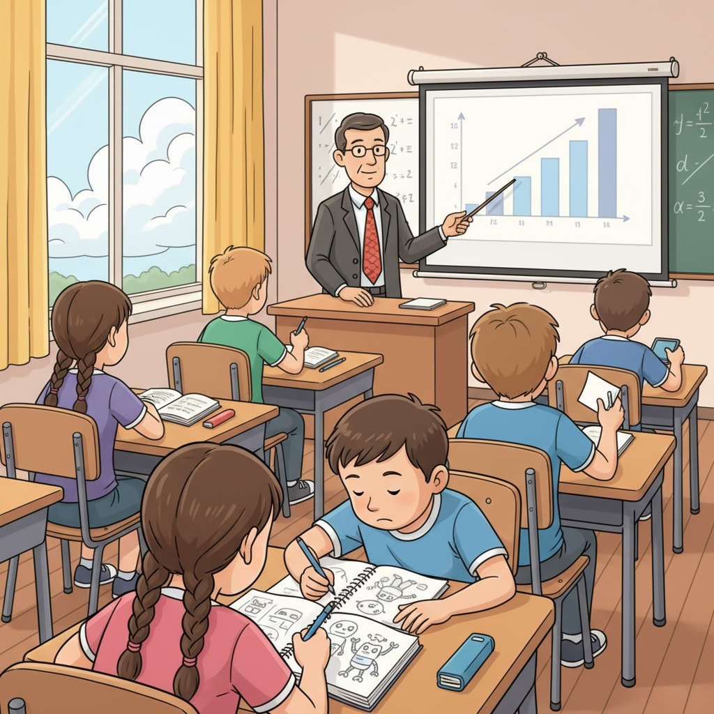 A classroom scene where students seem disengaged during a lesson. Some are looking out of the window, some are doodling on their notebooks, showing a lack of interest in the learning process. Disengaged students in a classroom related to compulsory learning and school system issues