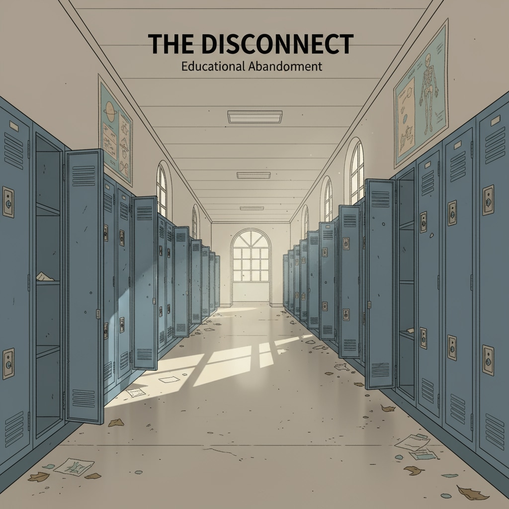 A school hallway with empty lockers, symbolizing students who may be disengaging from the system. The empty lockers give a sense of abandonment and disconnection from the school environment. Empty lockers in a school hallway indicating students disengaging from the school system due to compulsory learning issues