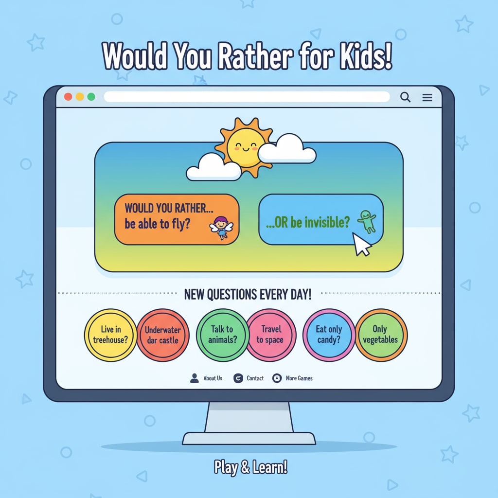 A screenshot of the Would You Rather for Kids website homepage, showing colorful buttons and interesting questions to attract kids' attention. Homepage of the Would You Rather for Kids educational game website with teaching tool elements