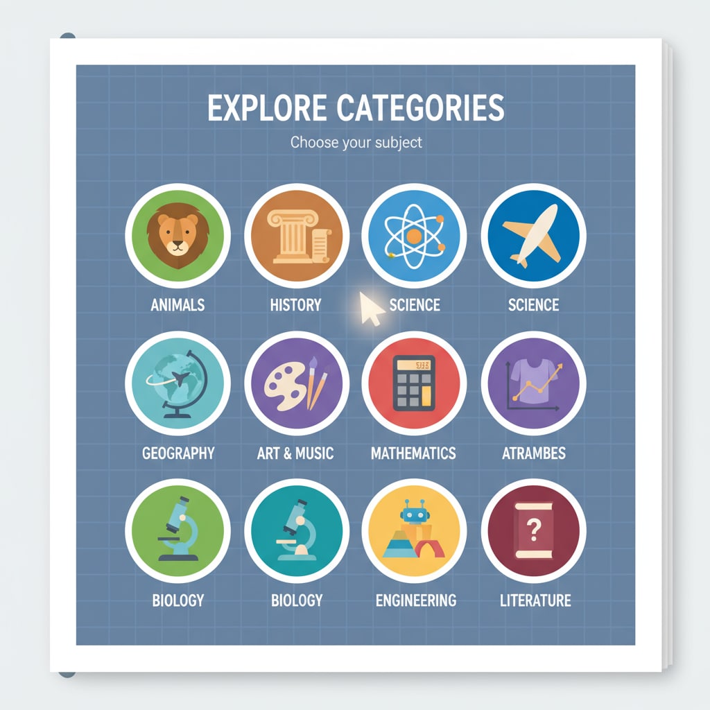 A close-up view of the category selection page on the website, with different icons representing various topics like animals, history, and science. Category selection page of the Would You Rather for Kids educational game website for teaching