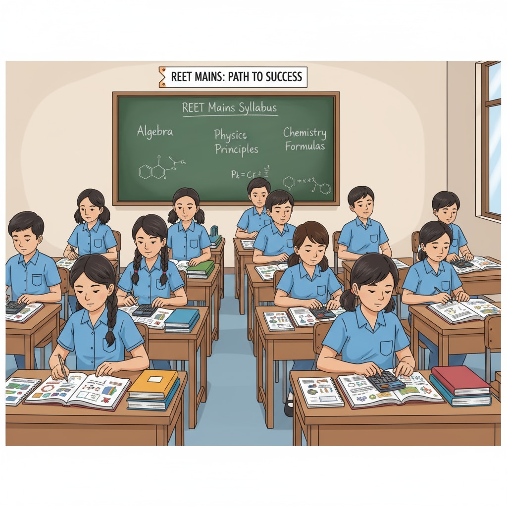 An illustration showing students sitting at desks, studying science and math concepts related to the REET Mains exam. There are books and notebooks on the desks, and some of the students are using calculators. Students studying science and math for REET Mains exam