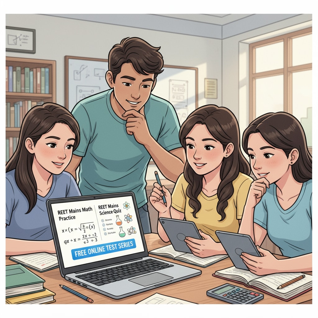 A picture of students gathered around a laptop, accessing free online test series for REET Mains science and math. The laptop screen shows a math problem and a science quiz interface. Students accessing free online test series for REET Mains science and math
