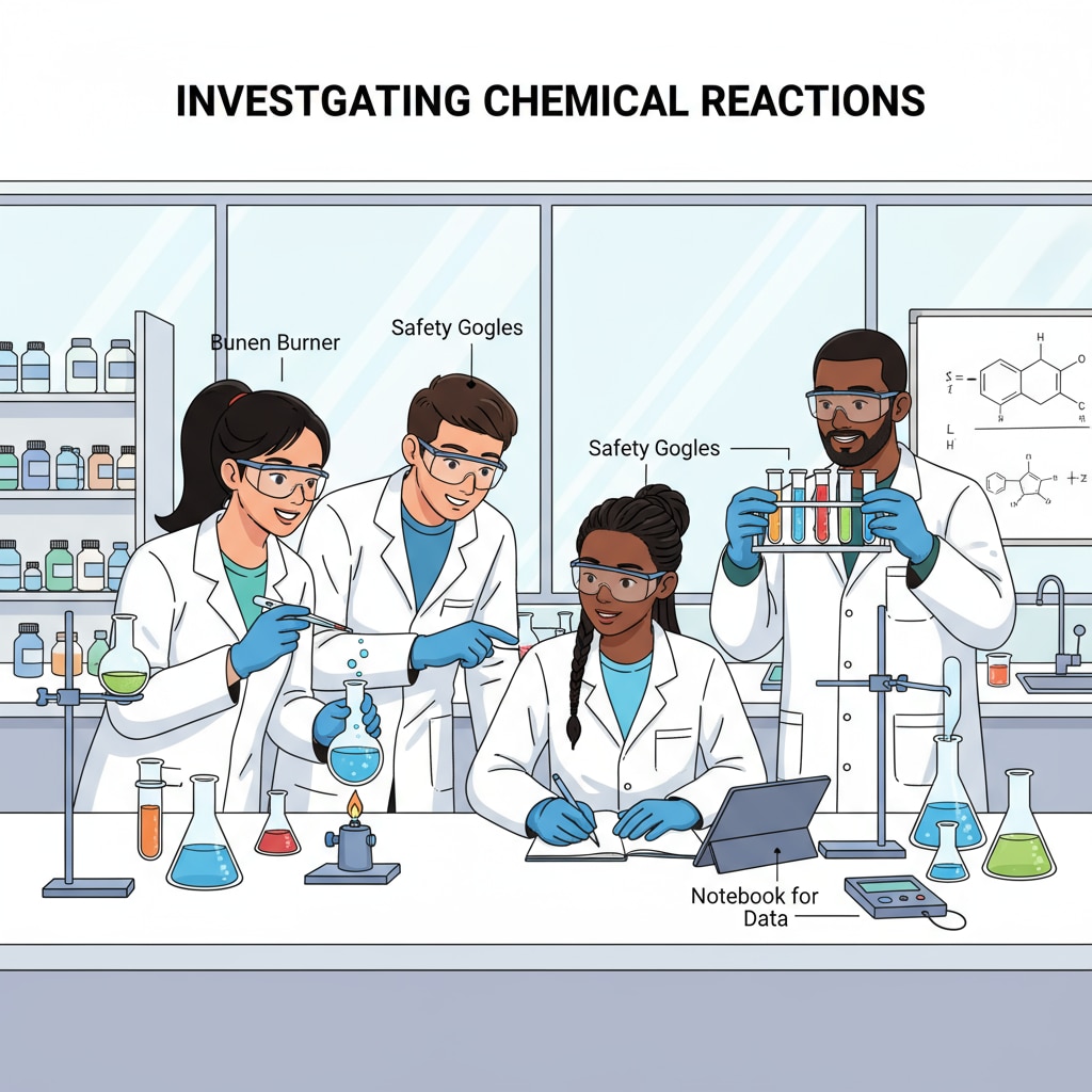 A group of students are actively engaged in a chemistry experiment within a modern and well-equipped laboratory. They are carefully observing the reactions and taking notes. K12 students exploring their research interests through a chemistry experiment in a laboratory, related to future chemical jobs and degree choices