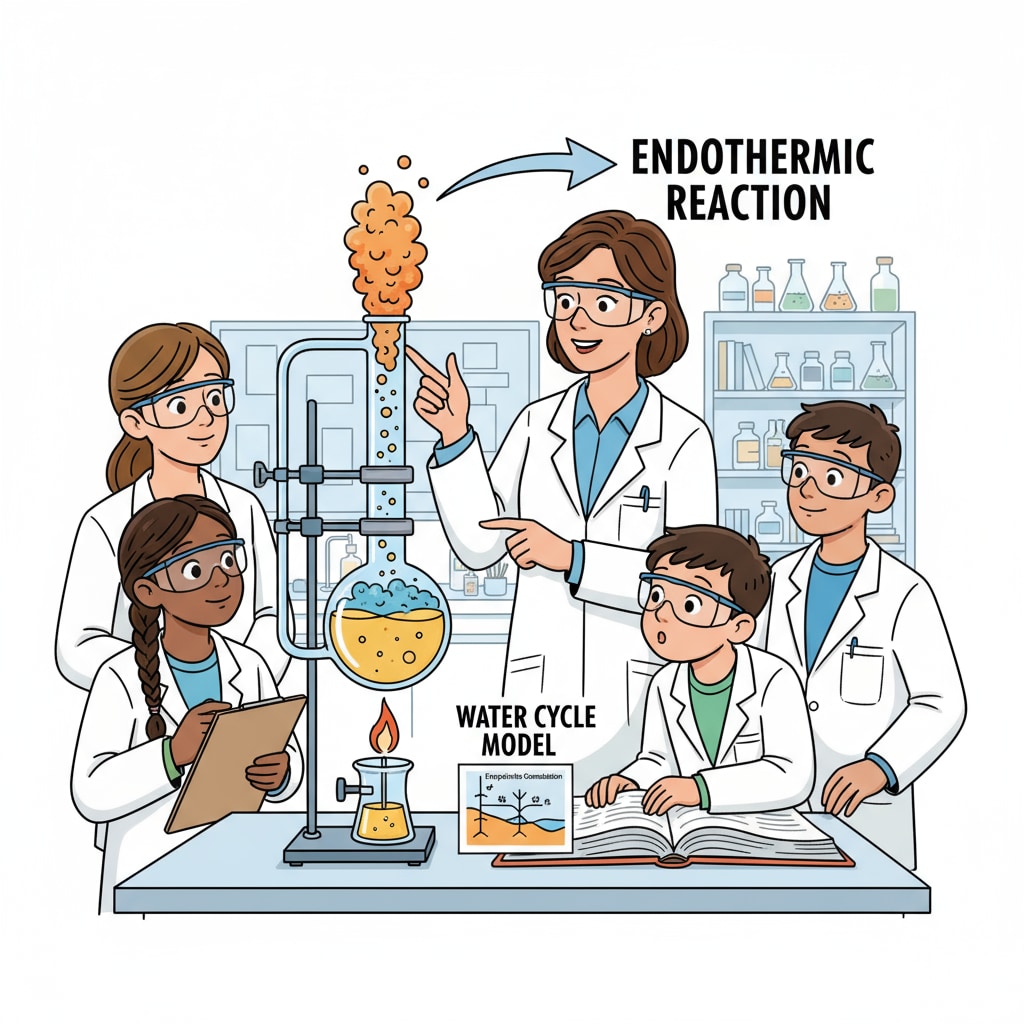 A teacher is demonstrating a basic and visually interesting chemistry experiment to a group of eager students. The students are watching intently. K12 students being introduced to the wonders of chemistry, which can influence their future degree choices and research interests for chemical jobs