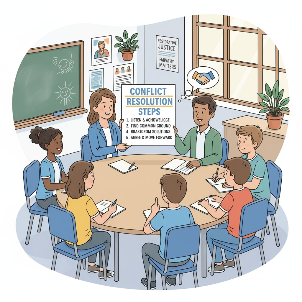 A group of students and teachers are engaged in a positive discussion about conflict resolution, which is an important part of restorative practices. Students and teachers discussing conflict resolution in the context of school discipline and restorative practices