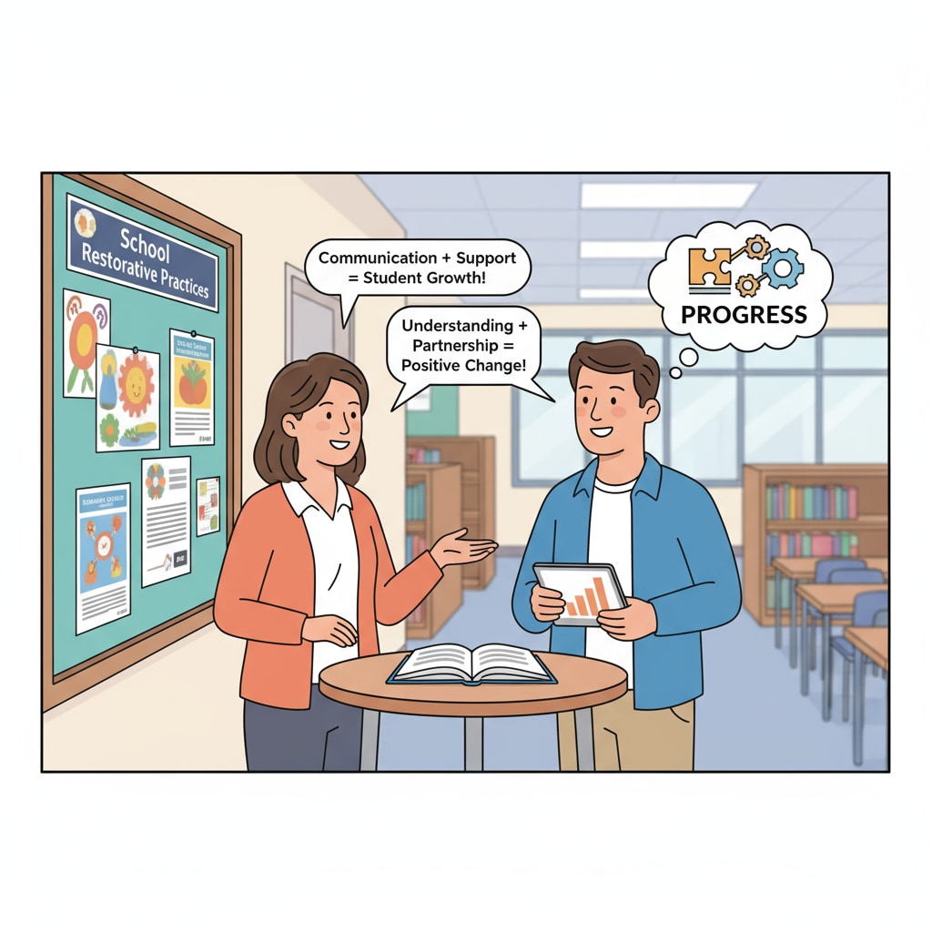 A teacher and parent are having a friendly conversation about a student's progress, highlighting the importance of communication in addressing parental demands and school restorative practices. Teacher and parent conversation regarding student progress and its relation to school discipline and restorative practices