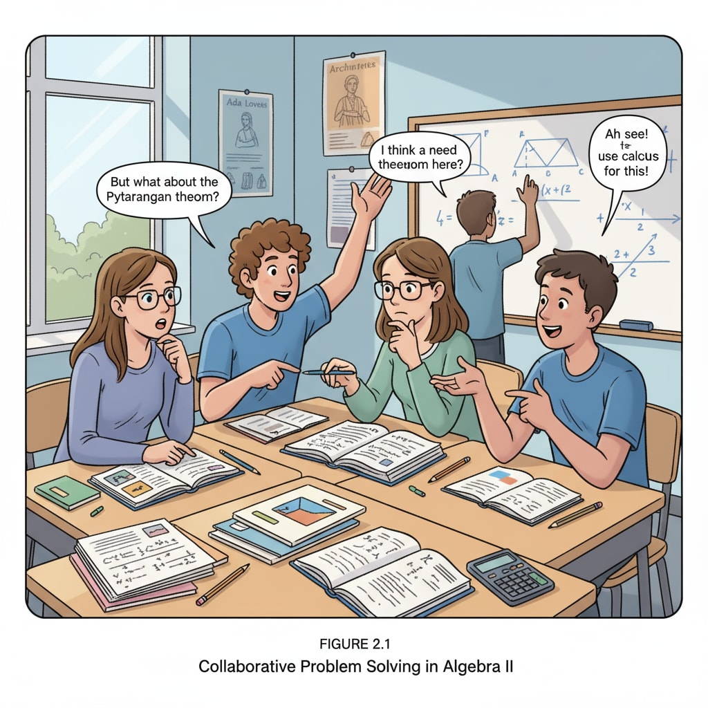 A group of high school students are engaged in a lively discussion about math problems in a classroom, with textbooks and notebooks spread out on their desks. High school students discussing calculus-related math problems in a classroom setting, reflecting parental expectations in high school education.