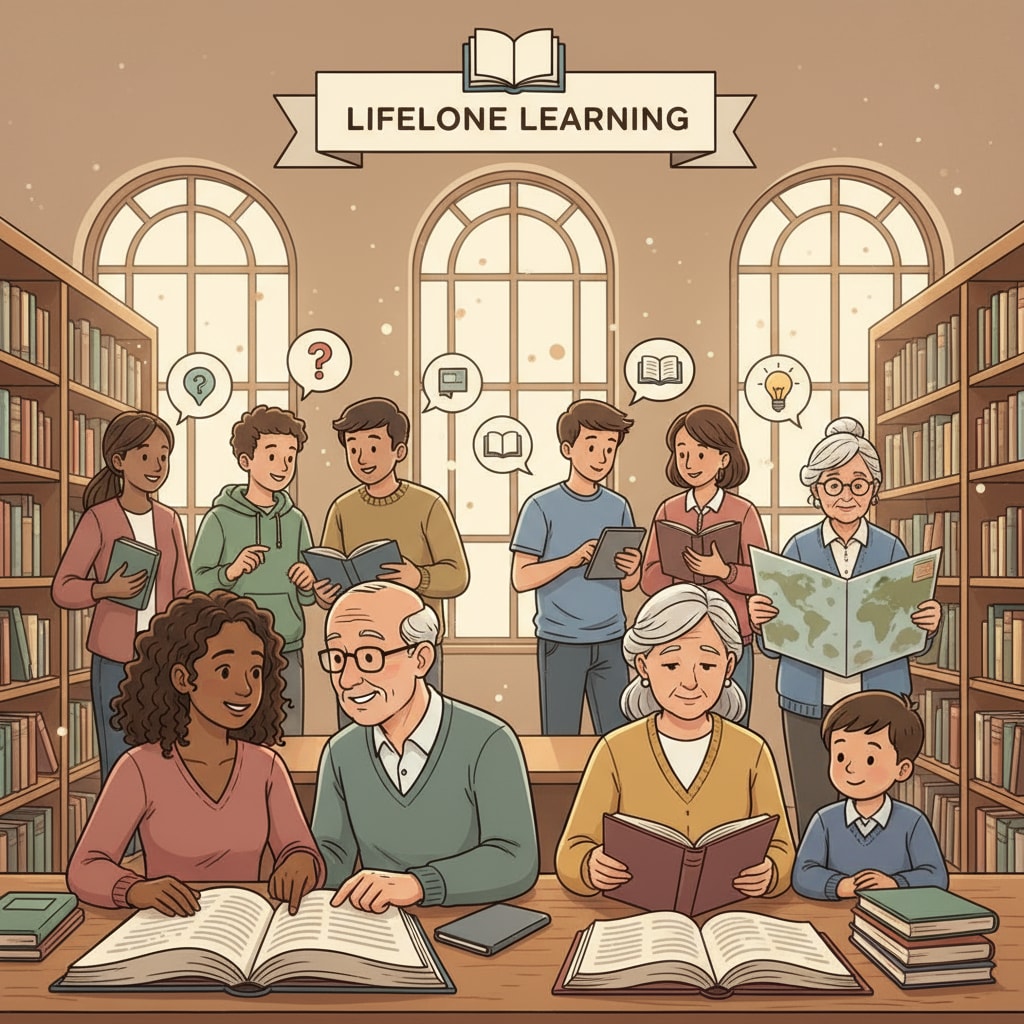 A group of people of different ages sitting in a library, reading books and discussing, showing the spirit of lifelong learning People engaged in lifelong learning in a library, related to lifelong learning, formal education, and cultural awareness