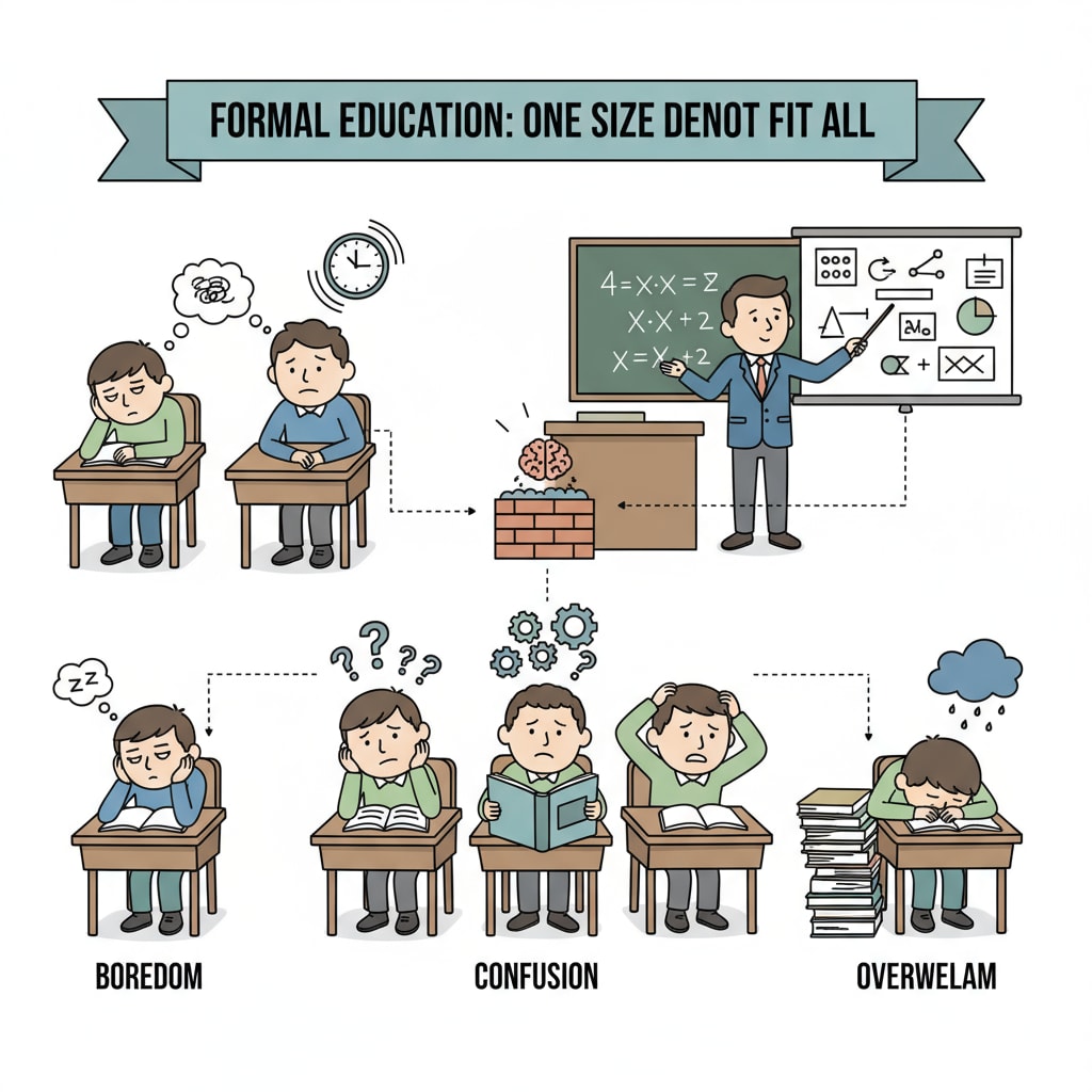 A classroom scene where students are sitting at desks, some looking bored and some looking confused, representing the limitations of formal education Classroom scene showing limitations of formal education, related to lifelong learning, formal education, and cultural awareness