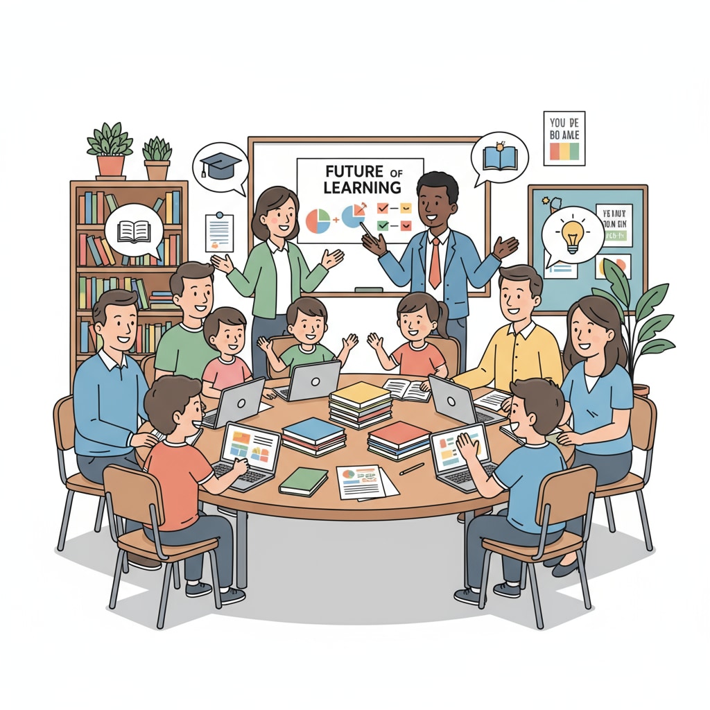 A diverse group of parents and students are having a discussion about education, with smiles on their faces, showing positive interaction. Non-white parents and students engaged in educational discussion related to curriculum design
