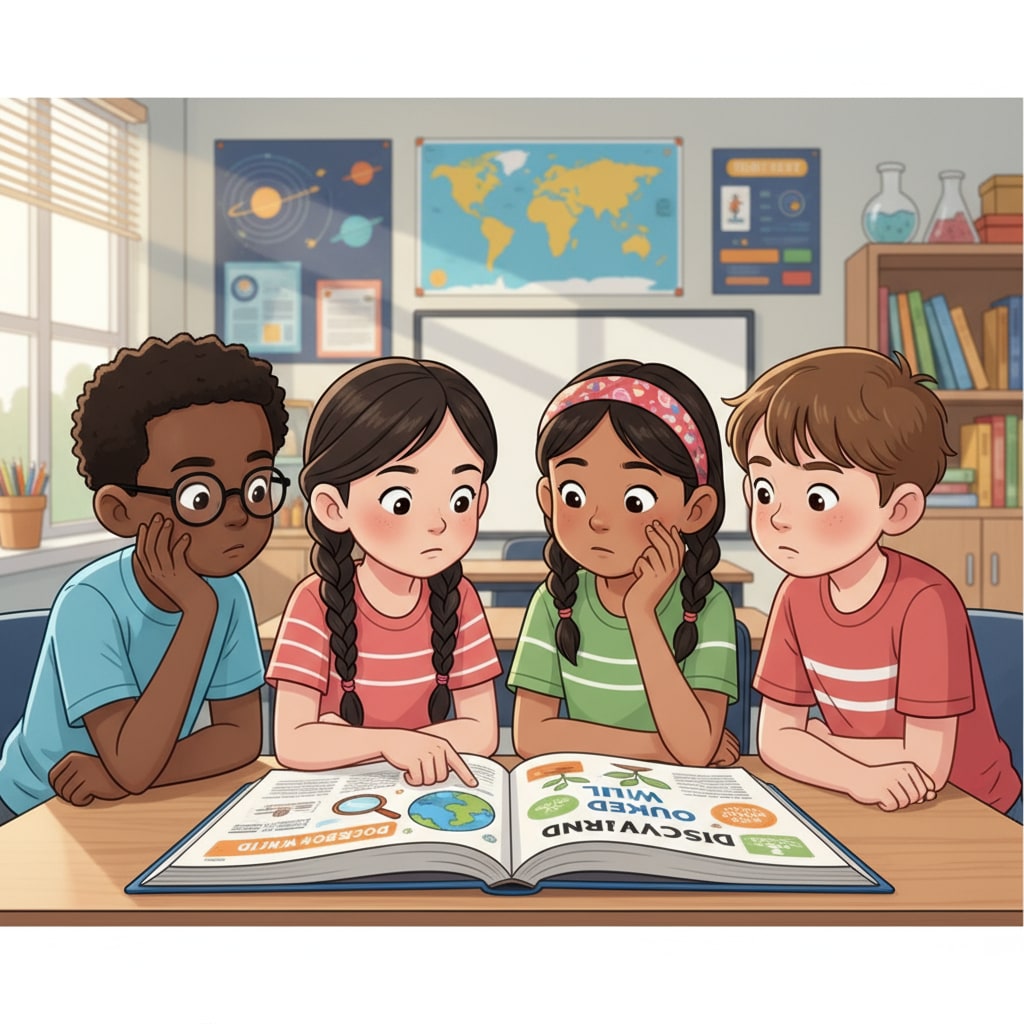 In a classroom setting, students from different ethnic backgrounds are looking at a textbook together, with an inquisitive look on their faces. Diverse students in a classroom examining a textbook relevant to curriculum design