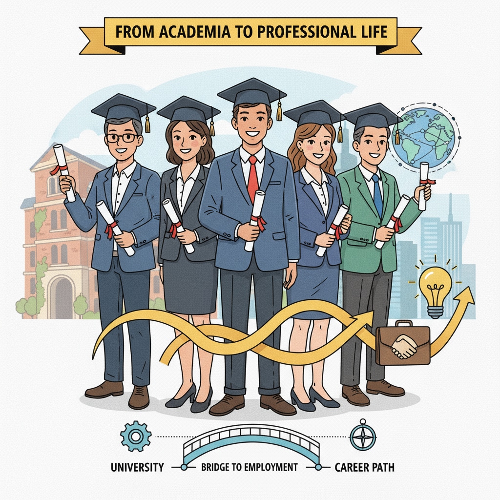 A group of graduates holding their diplomas, looking hopeful as they enter the job market. This image represents the transition from university to the job market, highlighting the connection between graduation and employment. Graduates entering the job market with their diplomas, related to university grades, employment, and graduation.