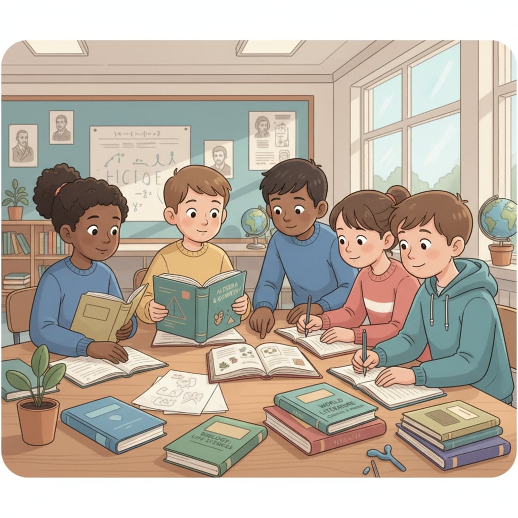 A group of K12 students are gathered around a table, studying books on various subjects such as math, science, and literature, showing their diverse learning interests. K12 students exploring multidisciplinary knowledge in their personal learning plans