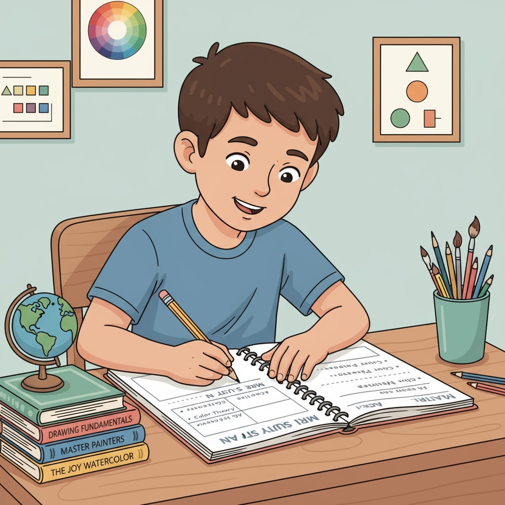 A student is sitting at a desk, writing a study plan specifically for art learning, with a pencil in hand and art books beside. A student creating a personalized learning plan for art, an example of multidisciplinary learning