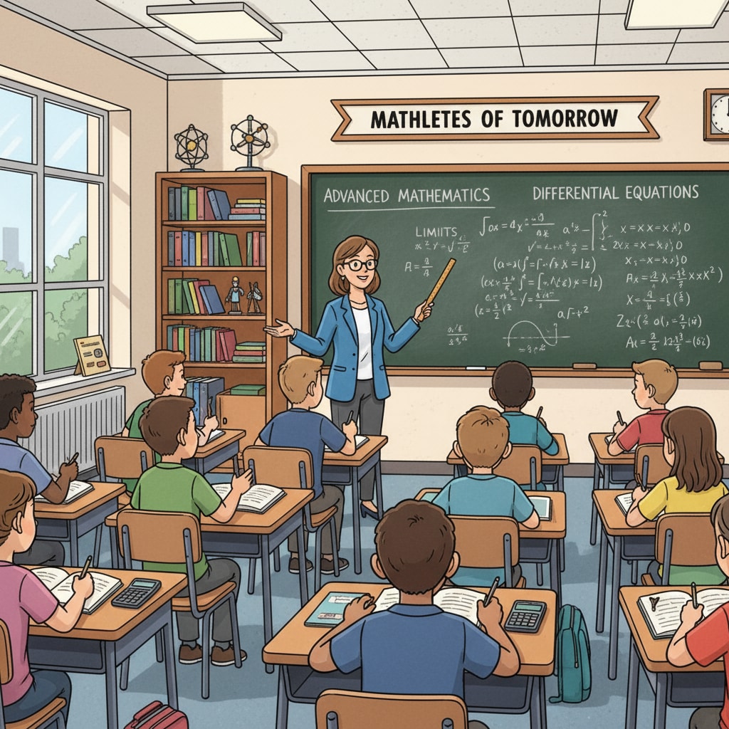 A classroom scene where students are engaged in learning advanced math, with a blackboard full of equations. Students learning advanced mathematics in a classroom setting