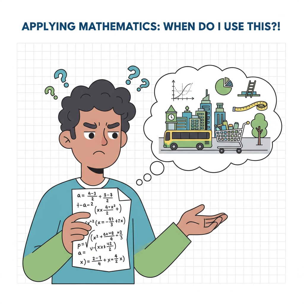 A student with a puzzled expression, holding a piece of paper with math problems while trying to figure out how they apply to a real - life situation. A student struggling to apply advanced math in a real - life context