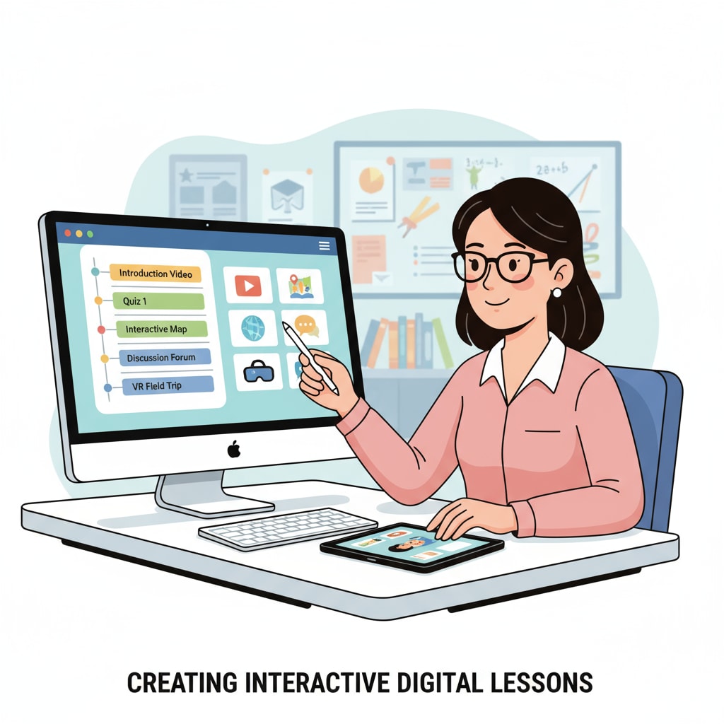 A teacher is sitting in front of a computer, using a digital platform to create an interactive lesson plan with various multimedia elements. A teacher using digital teaching tools for time management and AI-assisted lesson creation
