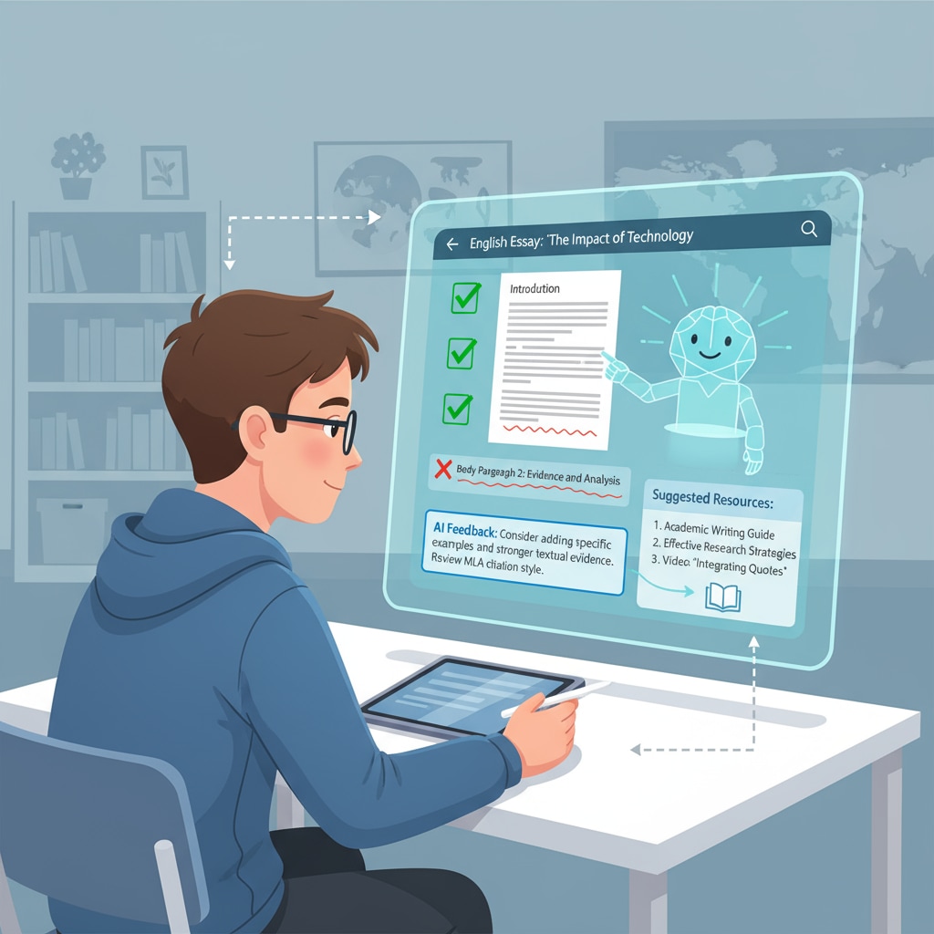 A student is looking at a screen where an AI system is providing detailed feedback on an assignment, highlighting areas of improvement and suggesting further learning resources. An AI system providing feedback for student learning as part of AI-assisted teaching