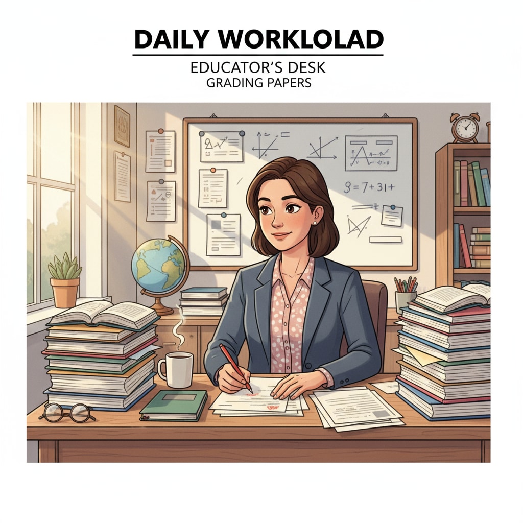 An educator is sitting at a desk, grading papers with a concentrated expression, representing the daily workload of educators. An educator grading papers, reflecting the job situation related to work support and job satisfaction