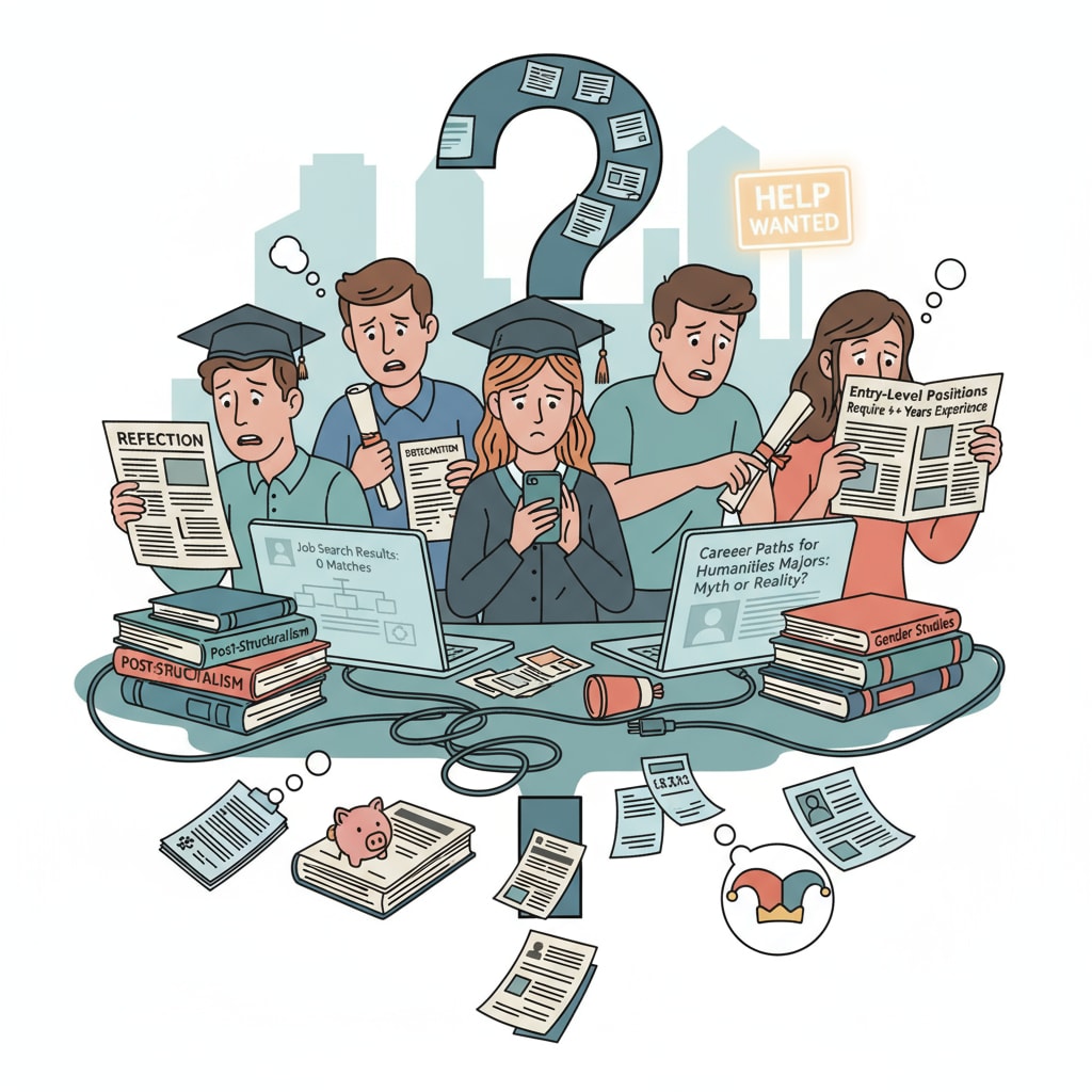 A group of liberal arts graduates looking worried while searching for jobs, representing their employment dilemmas. Liberal arts graduates facing employment dilemmas during job search