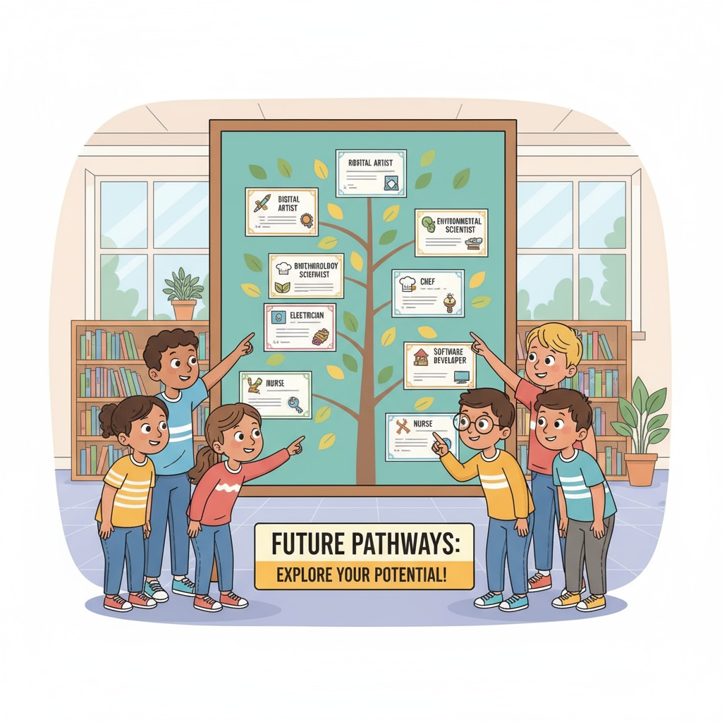 A group of K12 students looking at a display of various career certificates, showing curiosity and interest. K12 students examining career certificates related to employment readiness and educational value
