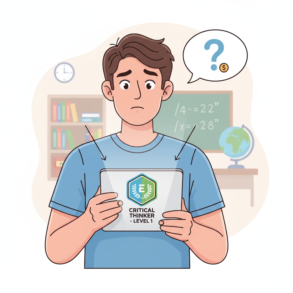 A student holding a digital badge on a screen, with a slightly confused expression, highlighting the doubts about the value of such badges. Student with digital badge questioning its worth in terms of career certifications, employment readiness, and educational value