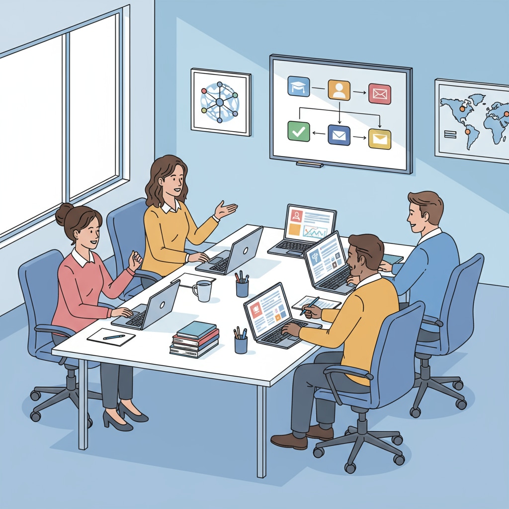 A group of teachers are sitting around a table in a meeting room, discussing and looking at educational technology resources on laptops. Teachers discussing educational technology to reduce workload and improve efficiency