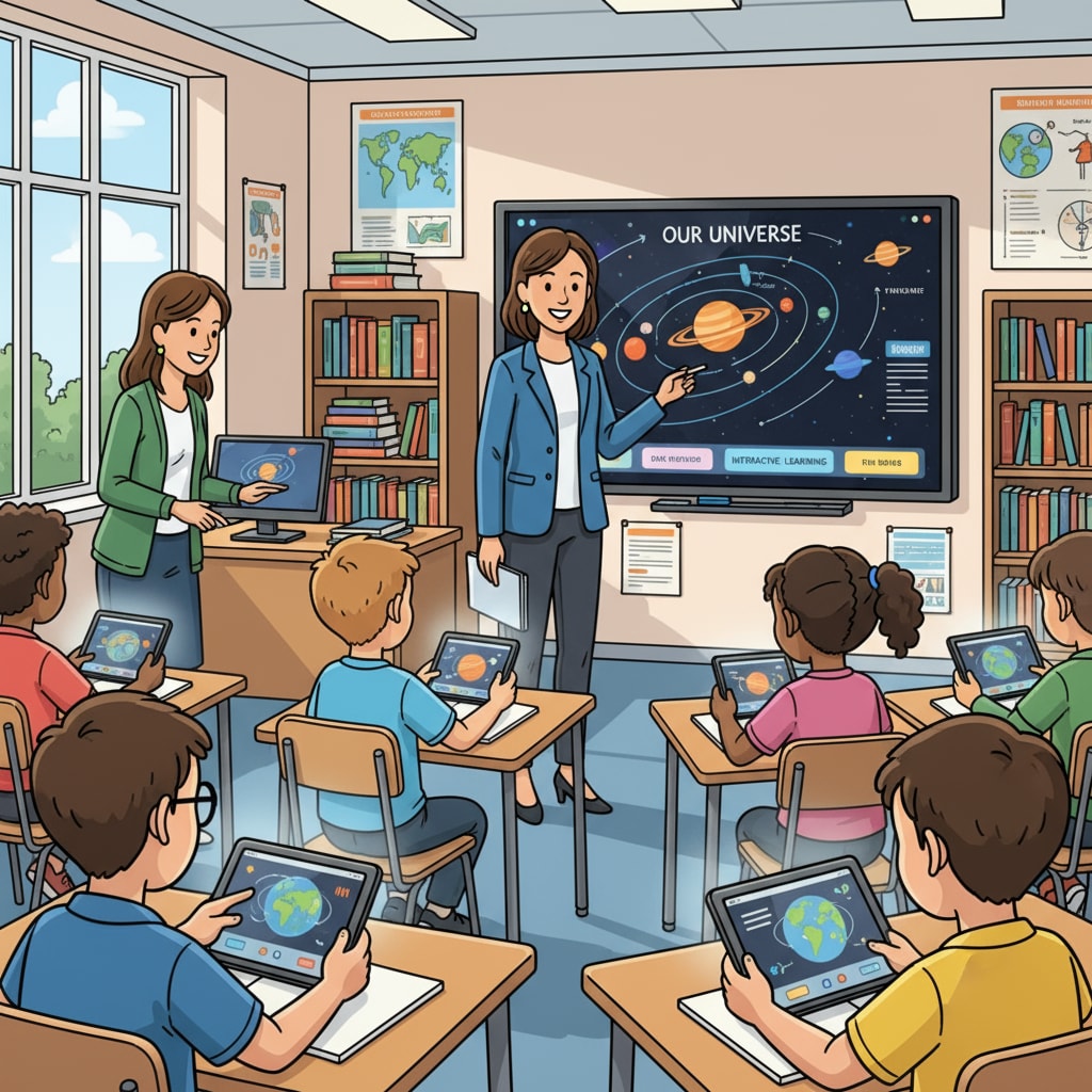 In a classroom, teachers are using interactive whiteboards and tablets, which are educational technology tools, to teach students. Teachers using educational technology tools in the classroom to enhance teaching efficiency