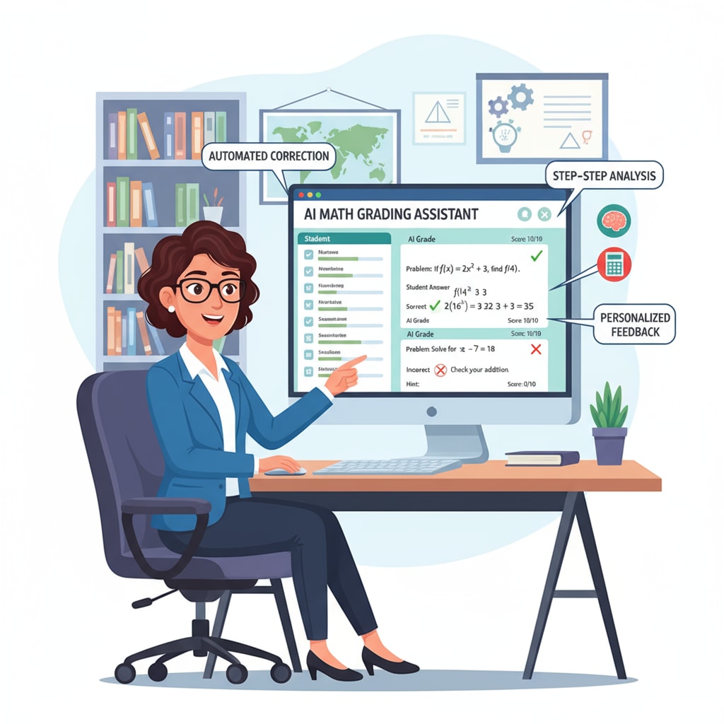 An illustration depicts a teacher sitting in front of a computer, using an AI math grading tool interface. The screen shows various math problems being graded automatically. A teacher using an AI math grading tool to enhance working efficiency