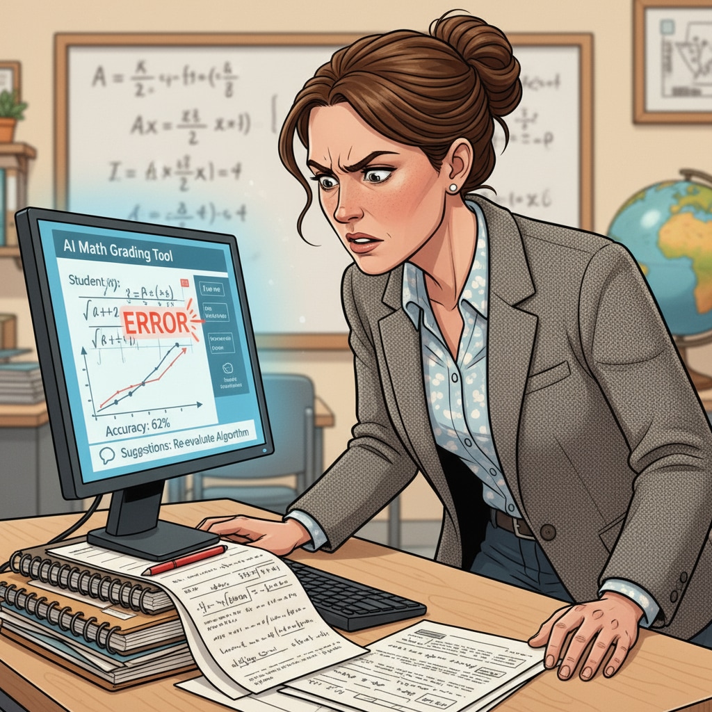 A picture shows a teacher with a furrowed brow, looking at a computer screen displaying an AI math grading tool. There are some math papers beside the computer, indicating the challenges in using the tool. A teacher facing challenges while using an AI math grading tool affecting working hours