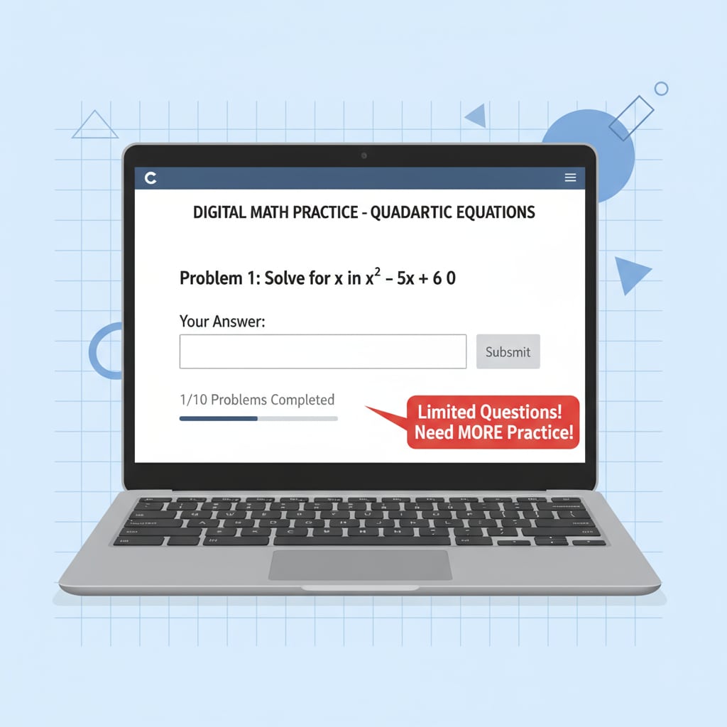 A Chromebook screen shows a math worksheet, emphasizing the lack of sufficient practice materials on the device. A Chromebook displaying a math worksheet with limited practice materials