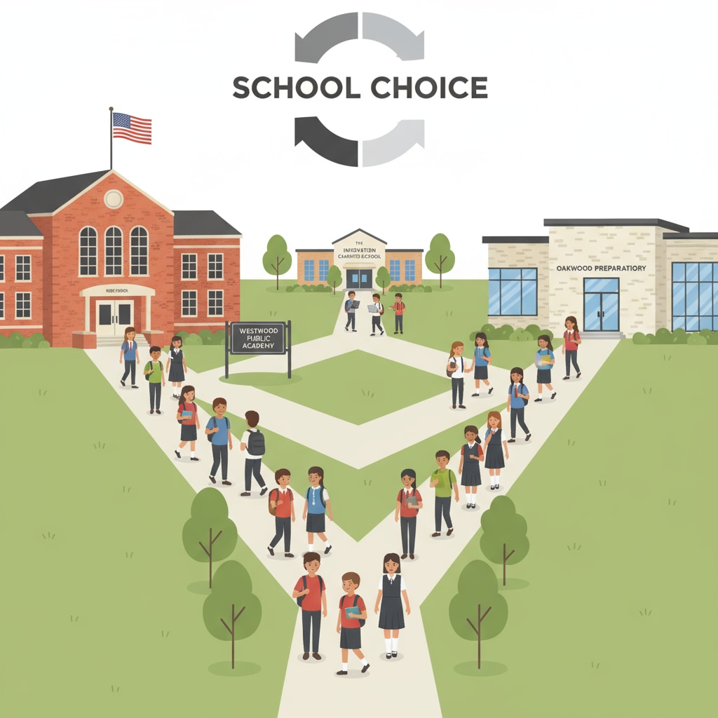 A group of students walking into different schools, some heading towards a large public school and others towards a smaller private or charter school. This visual represents the concept of school choice and how students are分散 across different educational institutions. School choice in action - students going to different schools