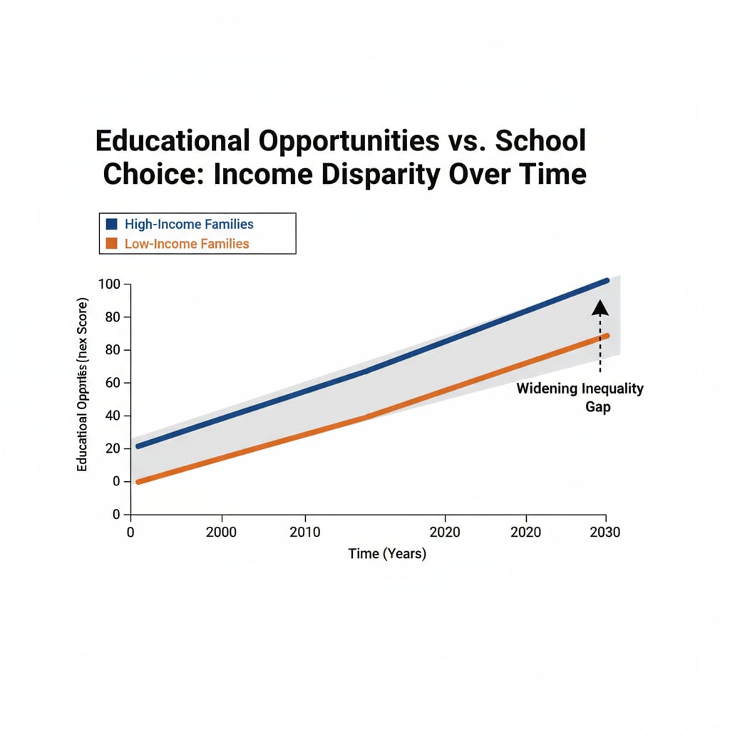 A graph showing two lines, one representing the educational opportunities of high - income families and the other of low - income families in relation to school choice. The gap between the two lines is widening over time, indicating the exacerbation of educational inequality. Graph depicting educational inequality due to school choice