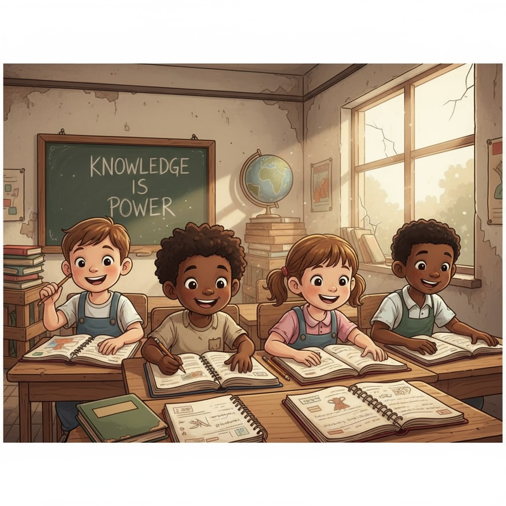A group of students sitting in a classroom, looking eager to learn, with books and notebooks on their desks. This represents the students who are eager for education but may be hindered by economic difficulties. Students eager for education facing economic hardship