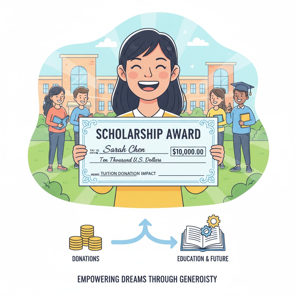 A student receiving a scholarship check with a big smile, holding the check and looking grateful. This showcases the positive impact of tuition donations. Student benefiting from tuition donation
