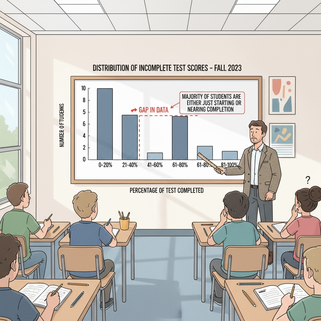 A visual representation of the distribution of incomplete test scores in a classroom setting, showing the spread and gaps in the data. Graph depicting the distribution of incomplete test scores related to dataset, test scores, and distribution representativeness in K12 education