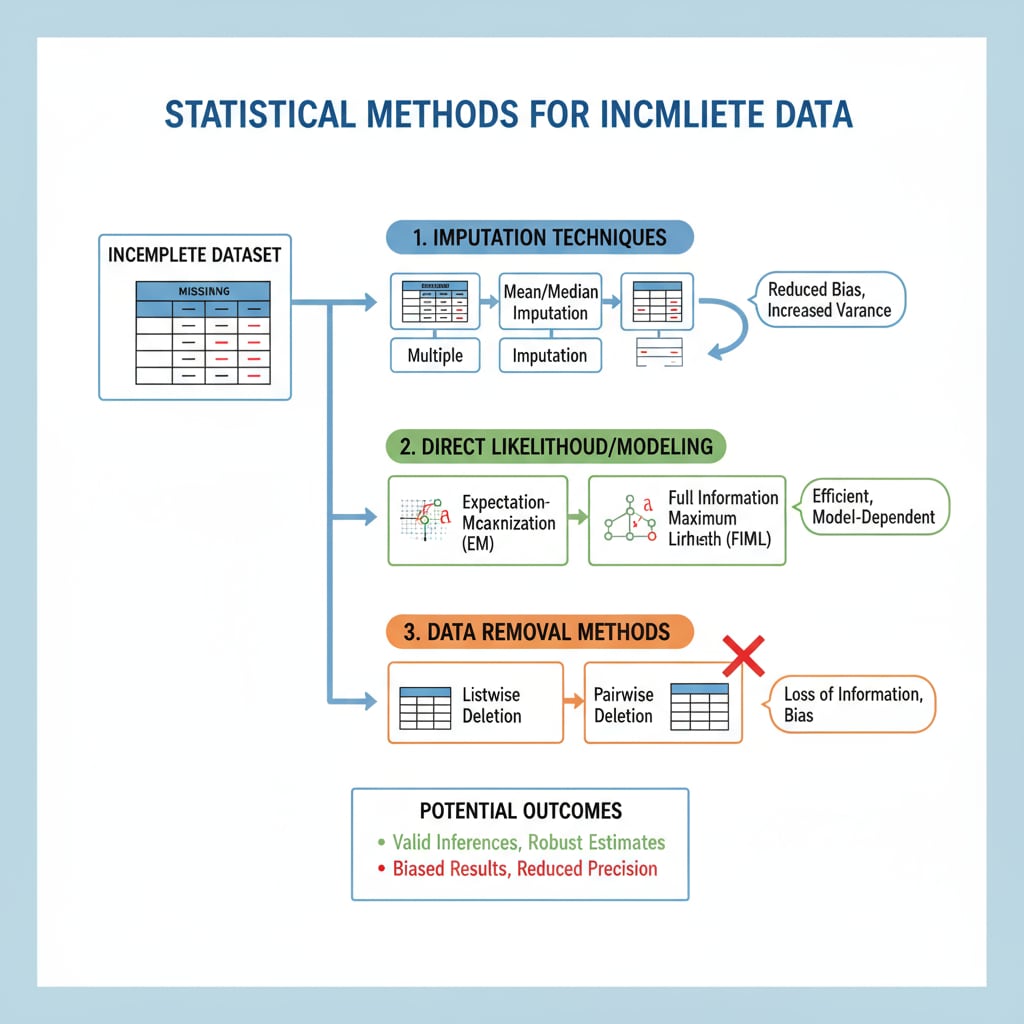 A graphical illustration of various statistical methods used to handle incomplete data, highlighting different techniques and their potential outcomes. Chart showing statistical methods for handling incomplete data in the context of dataset, test scores, and distribution representativeness